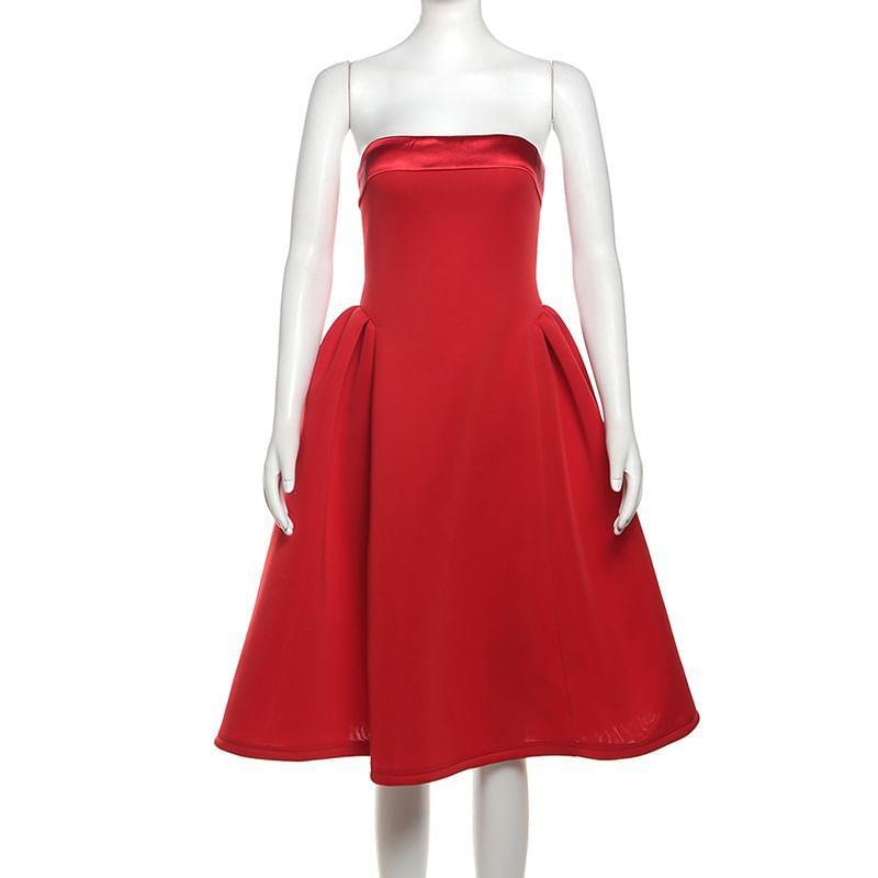 Strapless Plain Midi A-Line Dress Product Image