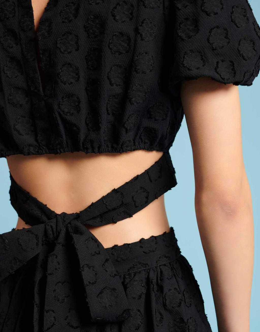 Sister Jane puff sleeve jacquard crop top in black - part of a set Product Image