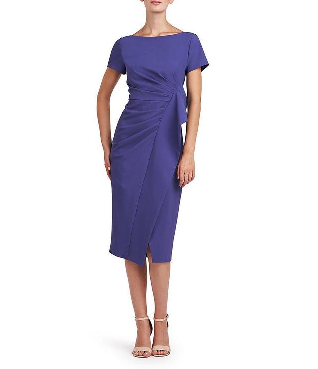 Kay Unger Stretch Crepe Boat Neckline Short Sleeve Pleated Bodice Midi Dress Product Image