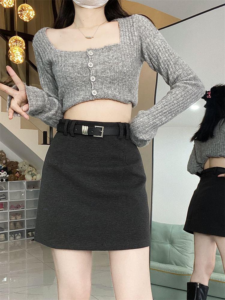 Set: High Rise Plain Mini A-Line Skirt + Faux Leather Belt Product Image