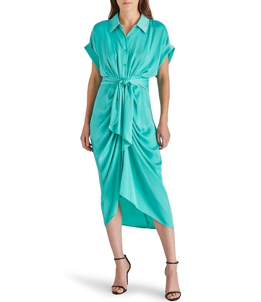 Steve Madden Tori Satin Point Collar Short Kimono Cuff Sleeve Belted Ruched Front Asymmetrical Hem Midi Shirt Dress Product Image