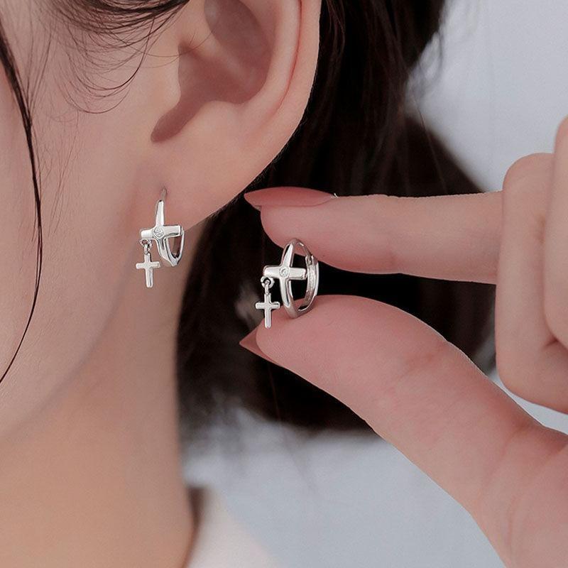 925 Sterling Silver Cross Huggie Earring Product Image