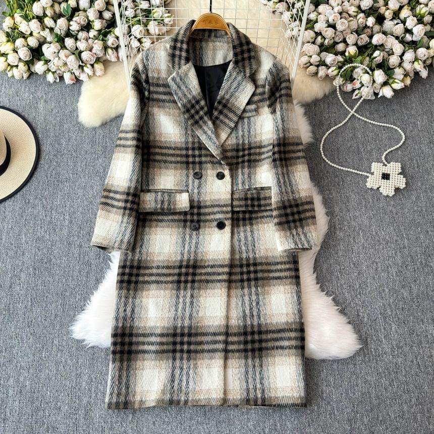 Double Breasted Plaid Long Coat Product Image