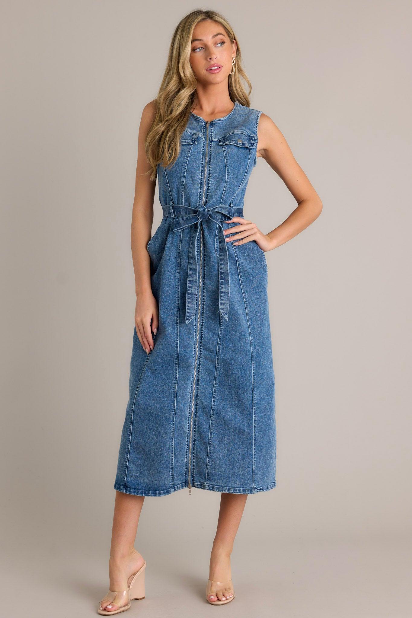 Simple Grace Denim Sleeveless Midi Dress Product Image