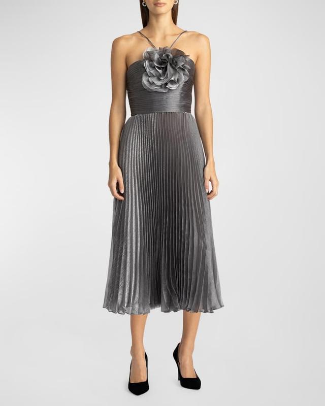 Pleated Metallic Halter Midi Dress Product Image