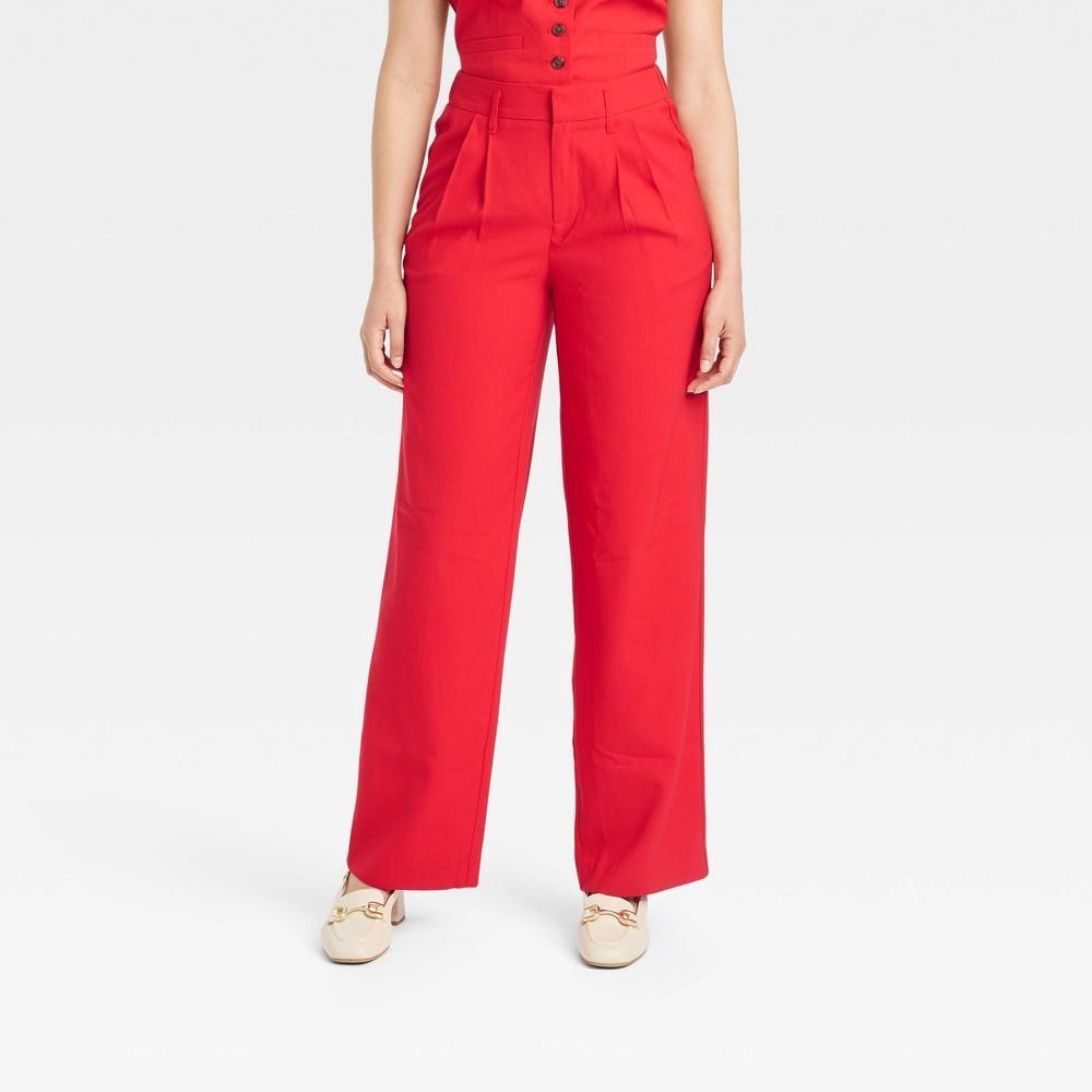 Womens High-Rise Pleat Front Straight Trousers - A New Day Red 14 Product Image