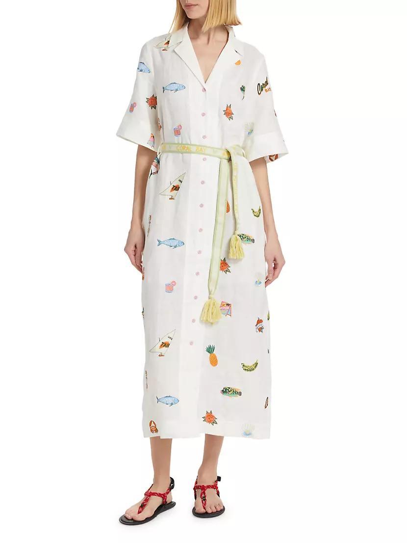 Blue Marlin Linen Embroidered Midi- Dress Product Image