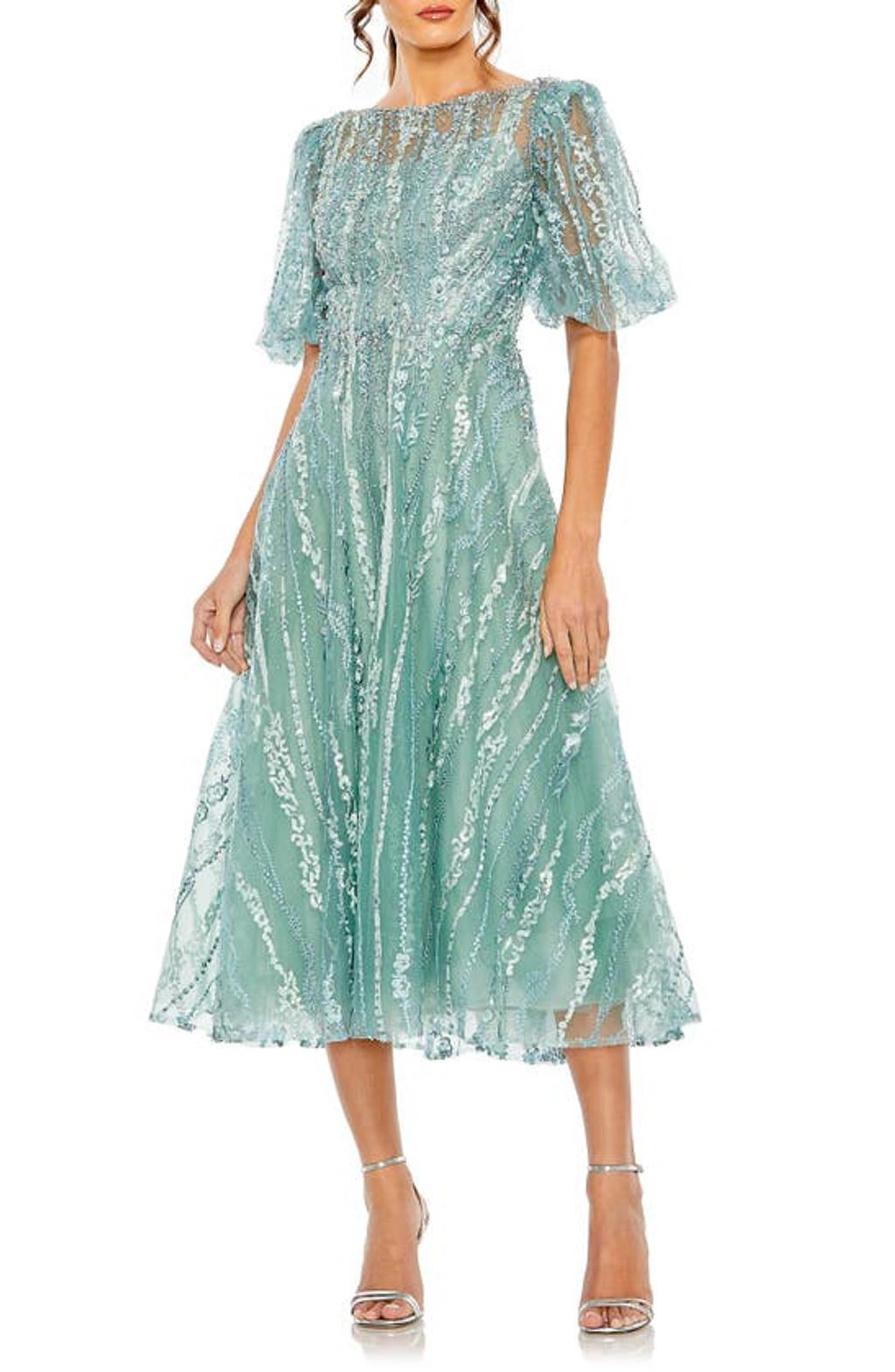 Embellished Puff Sleeve Midi Cocktail Dress In Seafoam Product Image