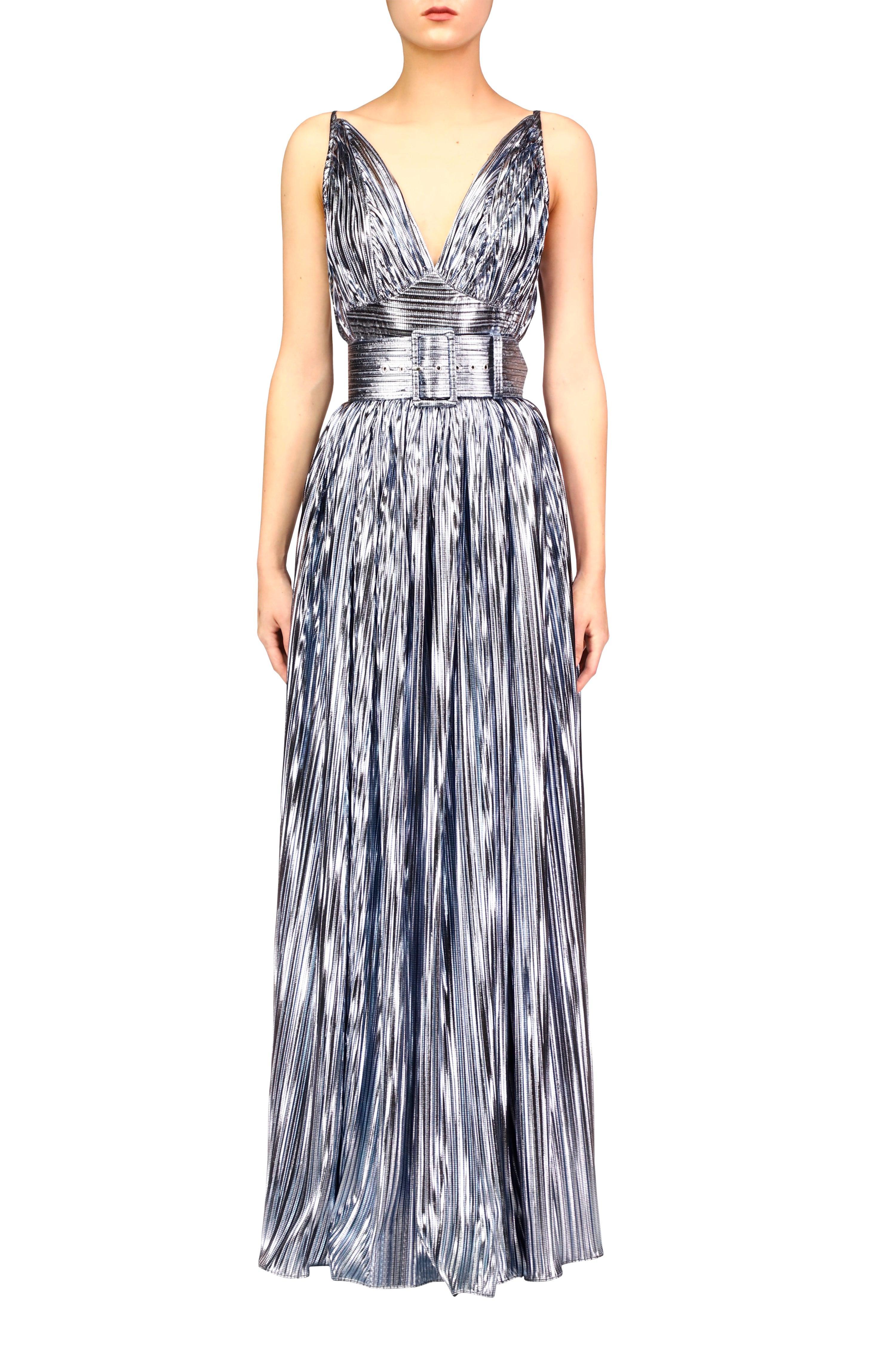 Pleated Light Blue Metallic Lamé Halter Gown with Belt Product Image