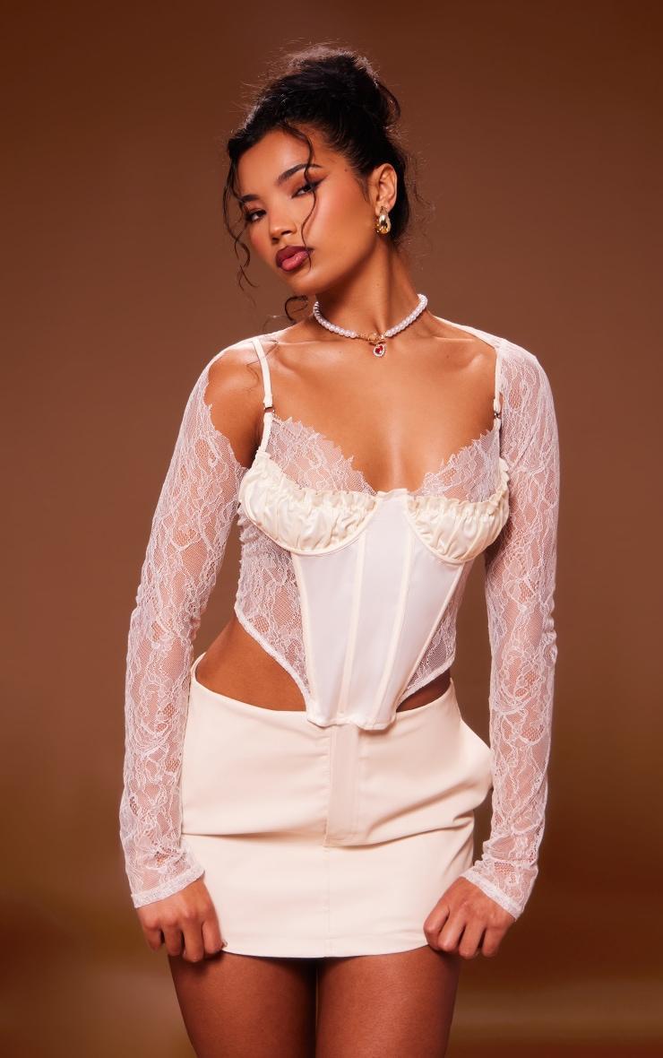 Cream Lace Satin Insert Sleeve Detail Corset Product Image