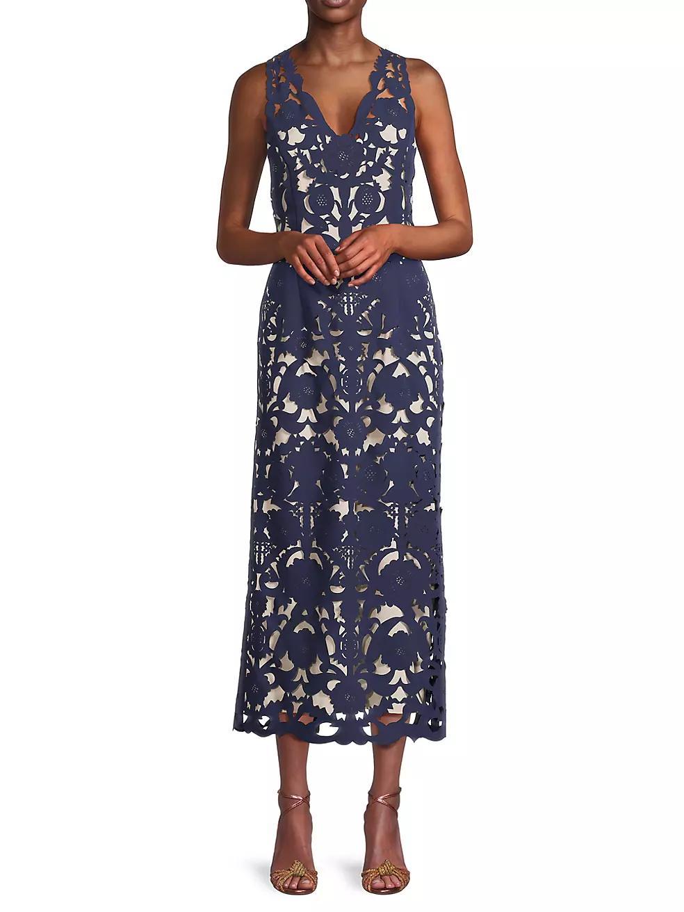 Floral Crepe Laser-Cut Midi Dress Product Image