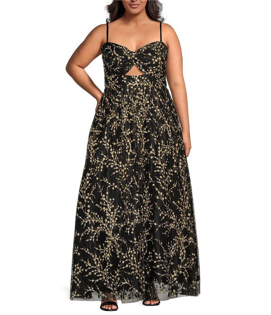 Blondie Nites Plus Caviar Glitter Patterned Sweetheart Neck Spaghetti Strap Twist Ballgown Product Image