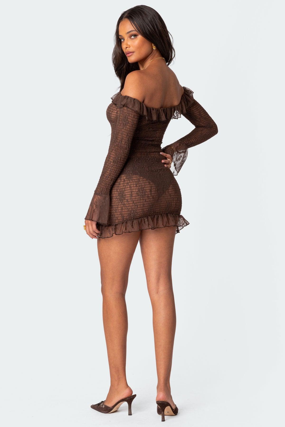 Wisteria Scrunched Sheer Lace Mini Dress Product Image