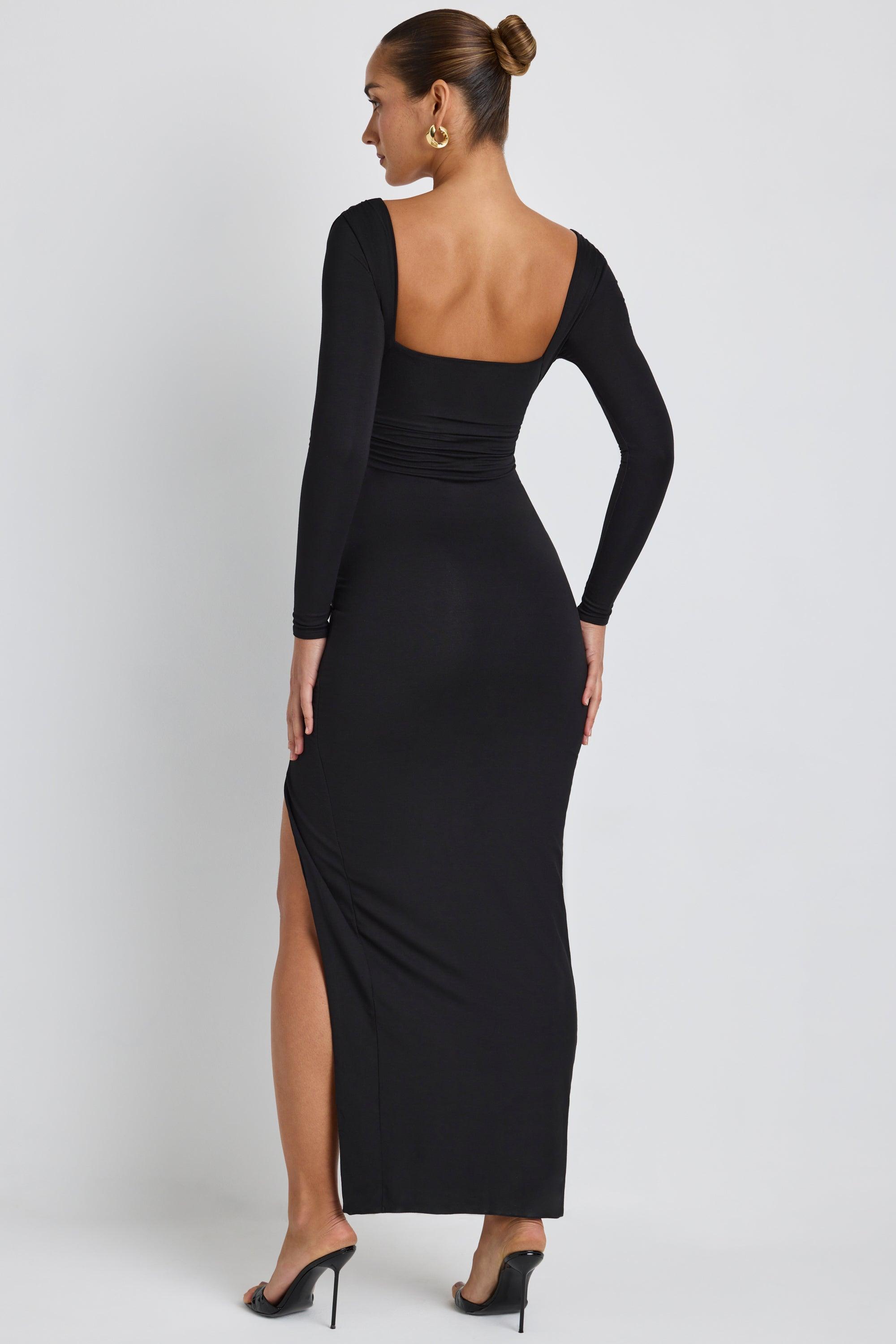 Modal Plunge Neck Long Sleeve Maxi Dress in Black Product Image