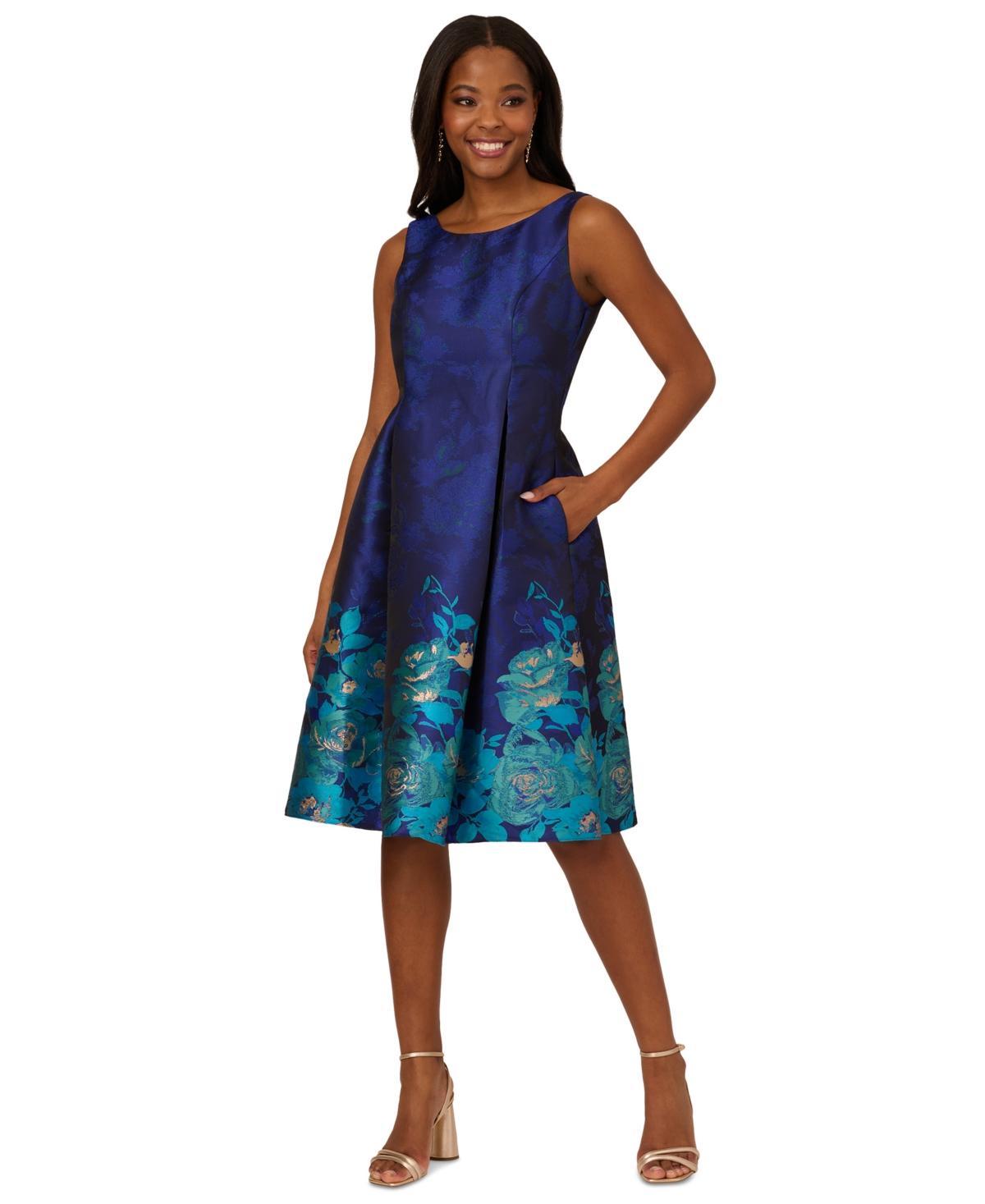 Adrianna Papell Womens Boat-Neck Fit & Flare Jacquard Dress Product Image