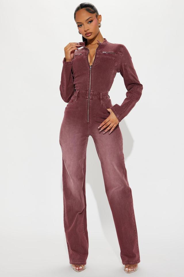 Hopped Off His Bike Denim Jumpsuit - Burgundy Product Image