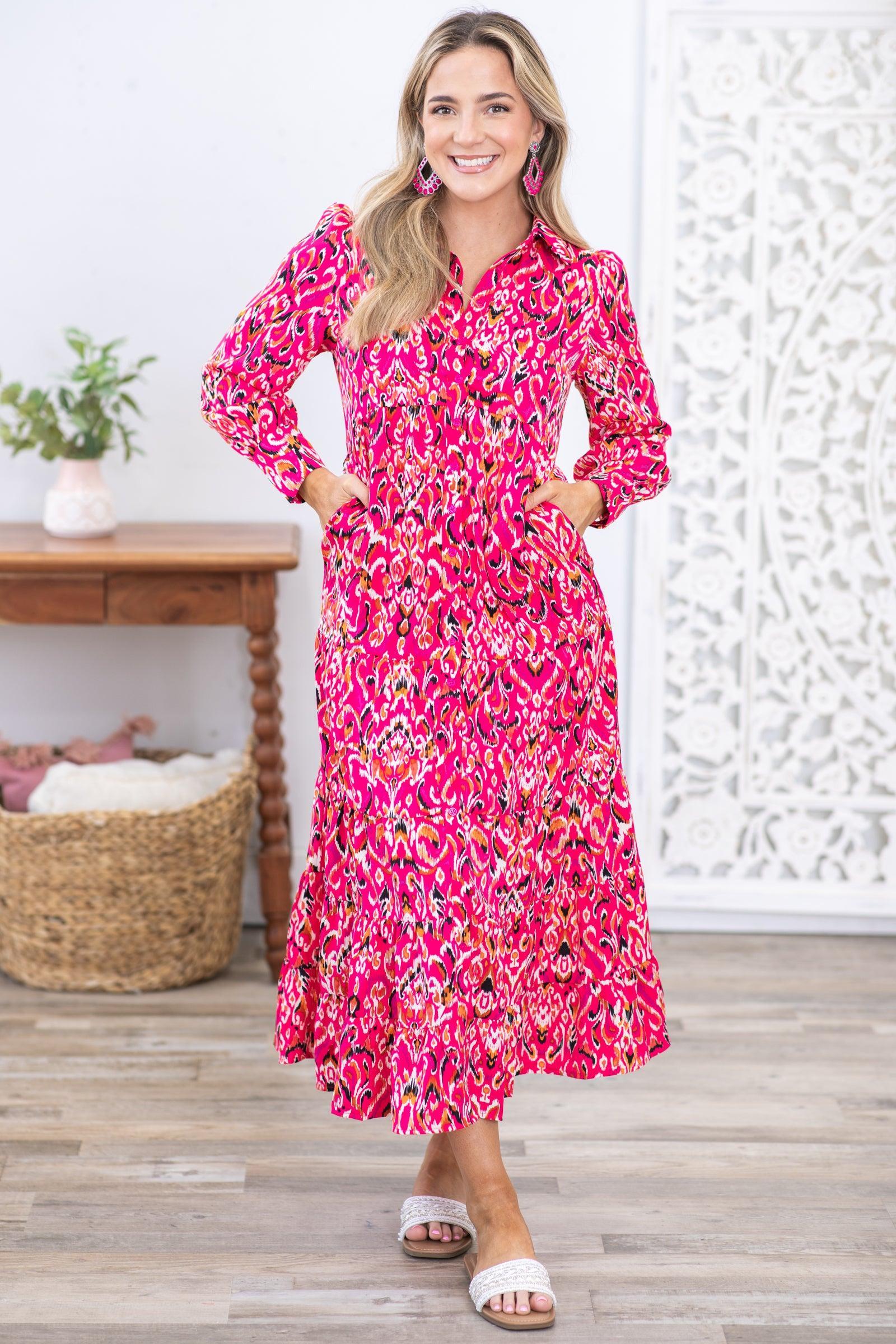 Fuchsia Abstract Print Long Sleeve Maxi Dress Product Image