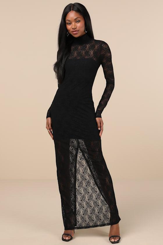 Famous Impression Black Lace Mock Neck Long Sleeve Maxi Dress Product Image