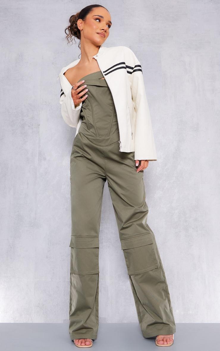 Khaki Corset Detail Utility Flared Bandeau Jumpsuit Product Image