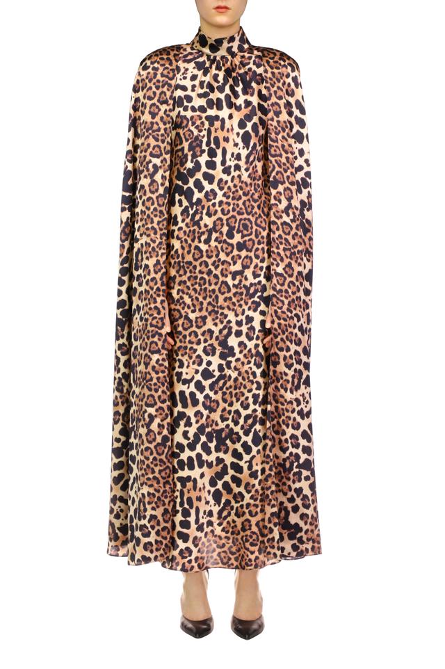 Leopard Printed Silk Satin Cape Dress Product Image