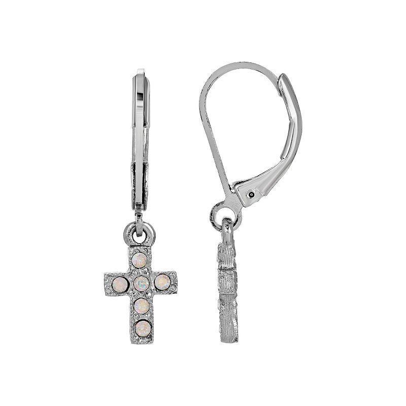 Symbols of Faith Silver-Tone Crystal AB Cross Drop Earrings, Womens Product Image