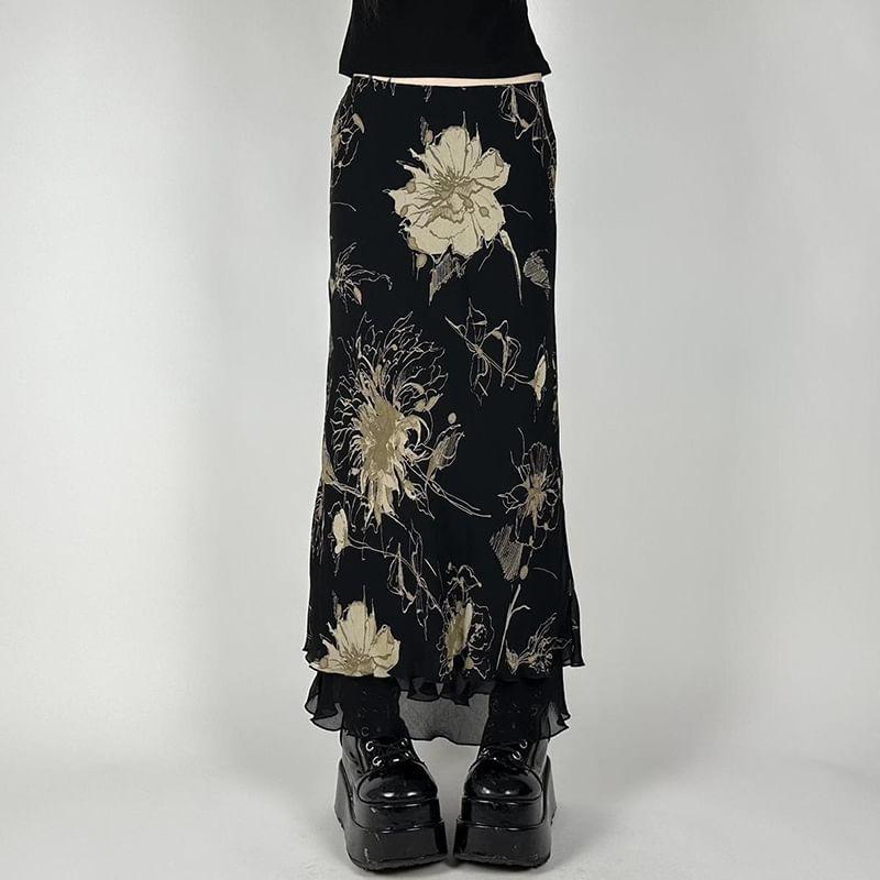 Low Waist Floral Print Mesh Midi Skirt Product Image