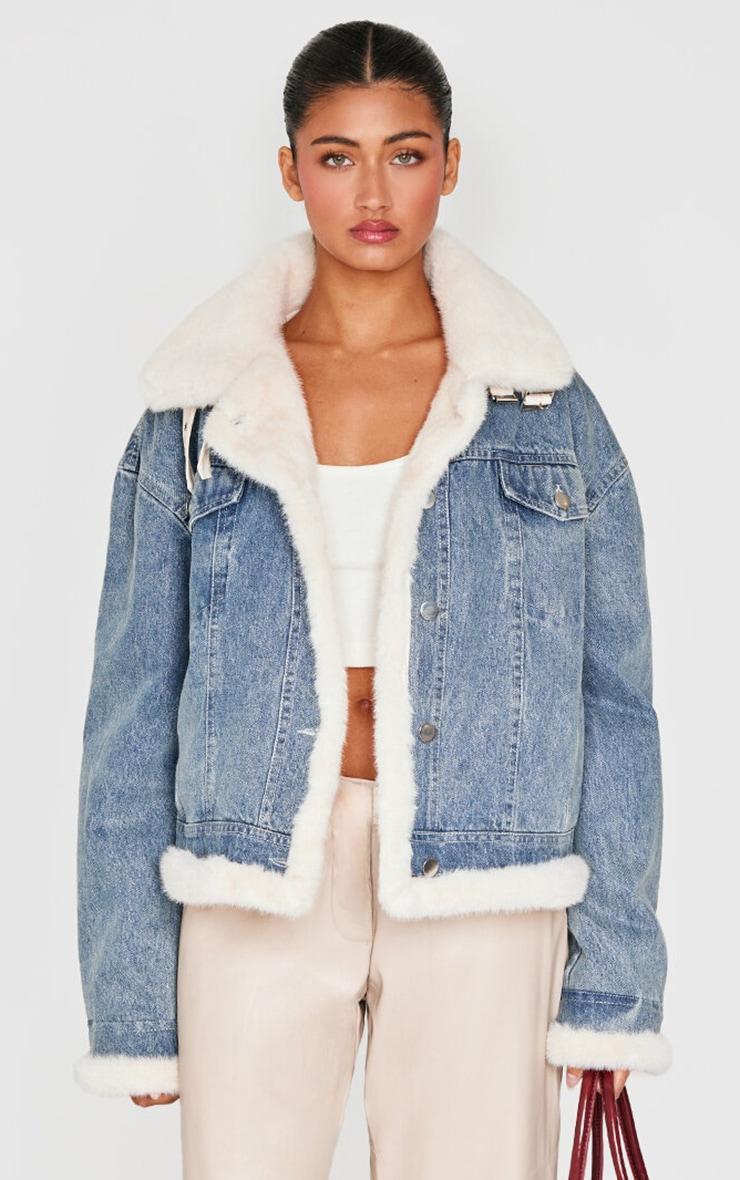 Vintage Soft Faux Fur Aviator Style Denim Jacket product image