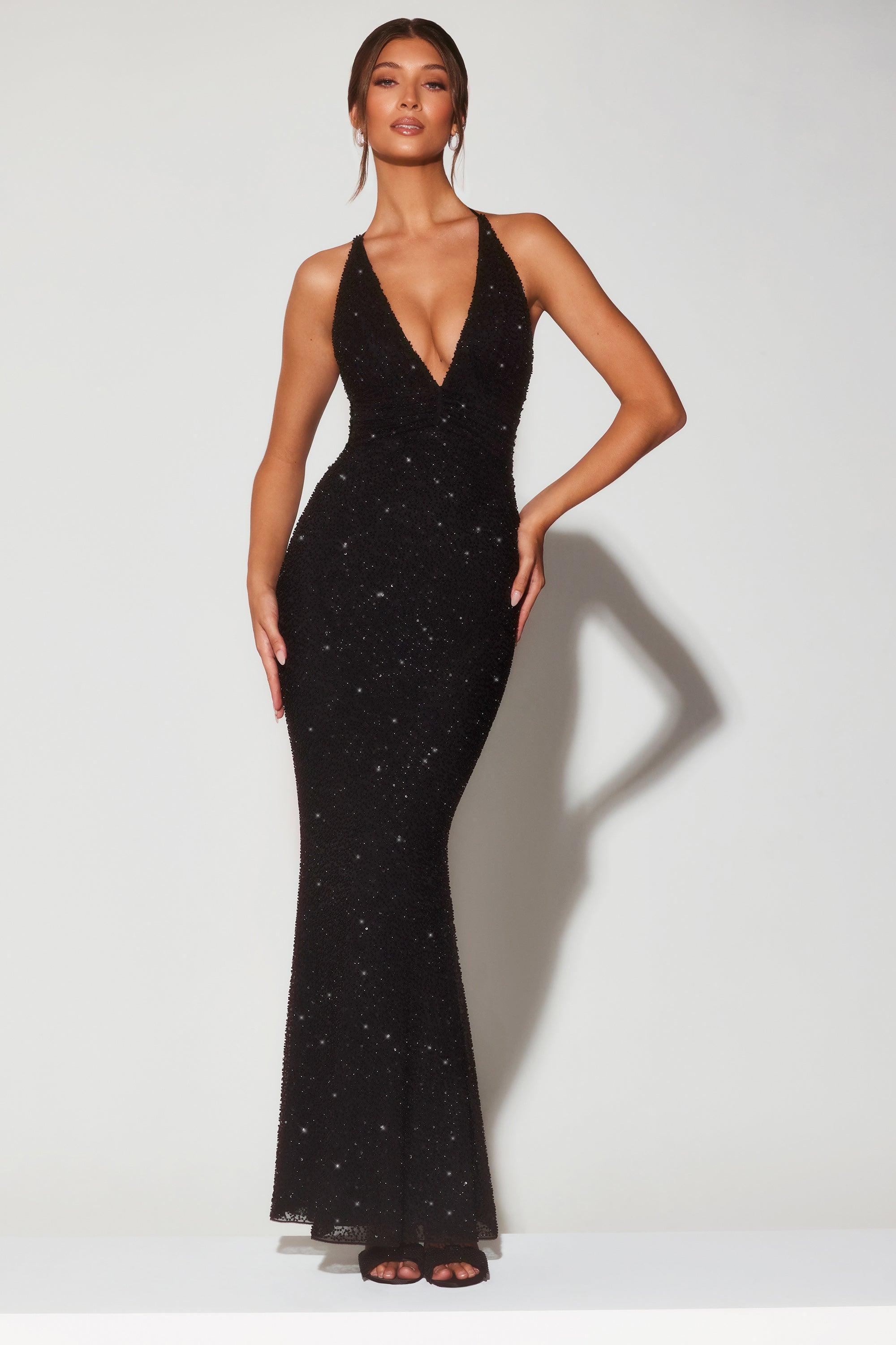 Embellished Plunge Halter Neck Evening Gown in Black Product Image