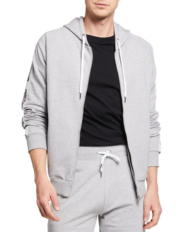 Moschino Men's Full-Zip Hoodie with Logo Taping  - GREY - Size: Large Product Image