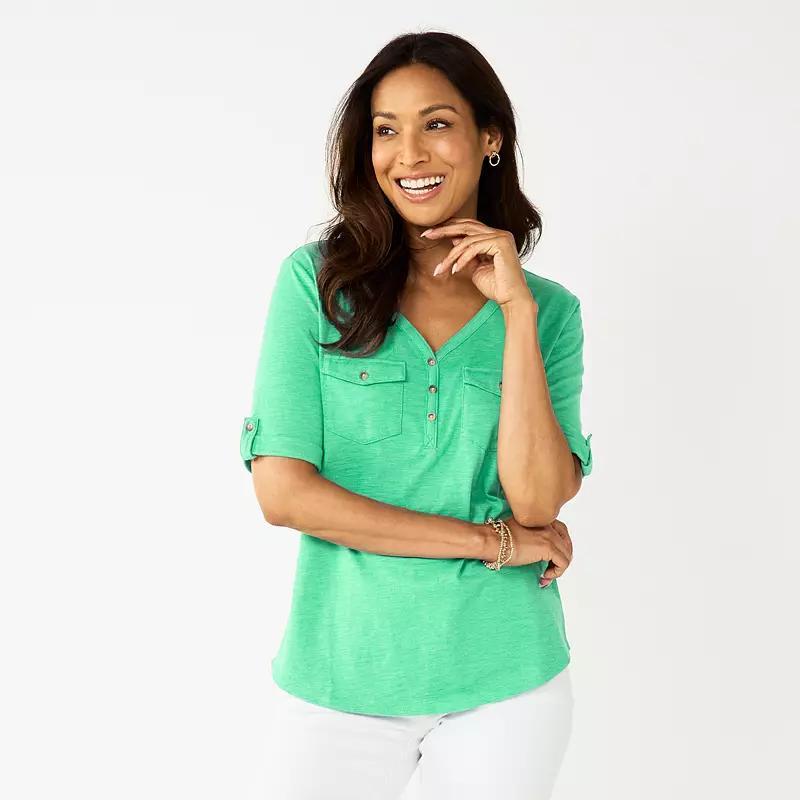 Womens Croft & Barrow Elbow Sleeve Utility Henley Top Green Frappe Product Image