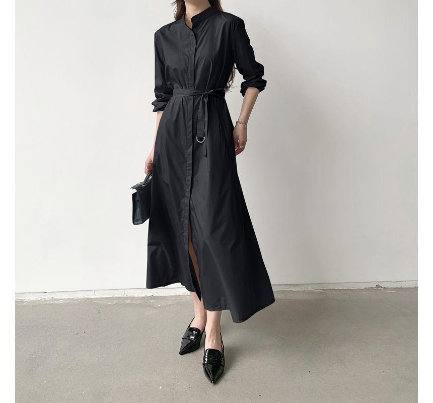 Long-Sleeve Plain Satin Midi Shirt Dress Product Image