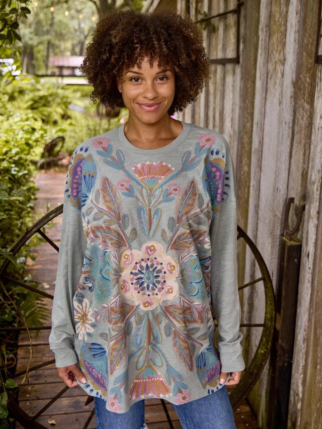 One Size Long Sleeve Cotton Easy Tee - Dusty Blue Flower Bouquet Product Image