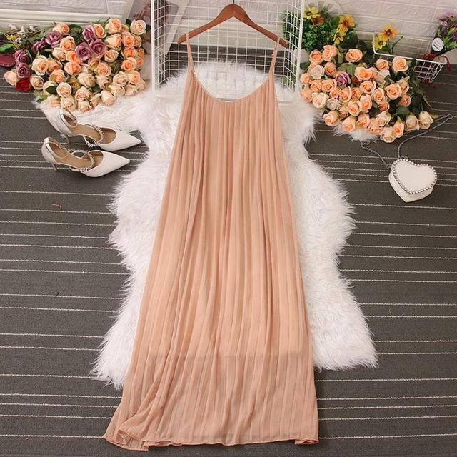 Spaghetti Strap Plain Accordion Pleated Maxi A-Line Dress Product Image