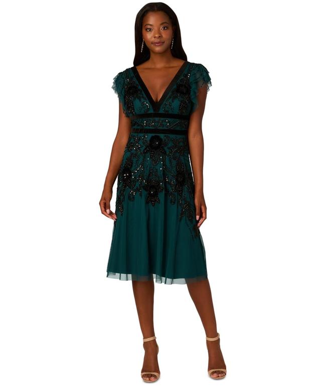 Adrianna Papell Womens Velvet-Trim Embellished Midi Dress Product Image