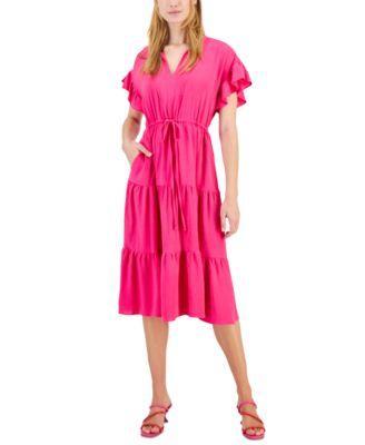 Robbie Bee Womens Flutter-Sleeve Tie-Waist Tiered Side-Pocket Midi Dress Product Image