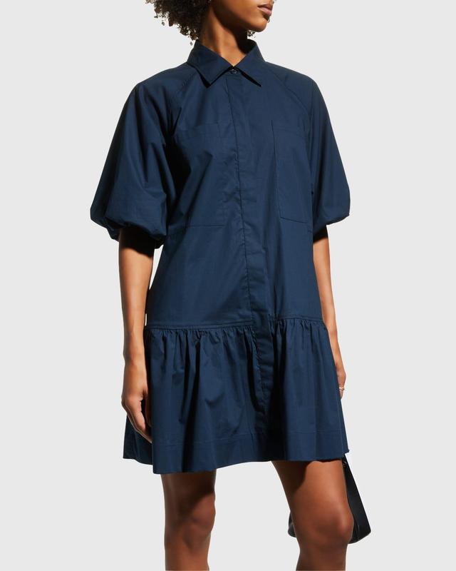 Jonathan Simkhai Standard Chrissy Puff-Sleeve Cotton Poplin Mini Shirtdress - Size: LARGE - WHITE Product Image