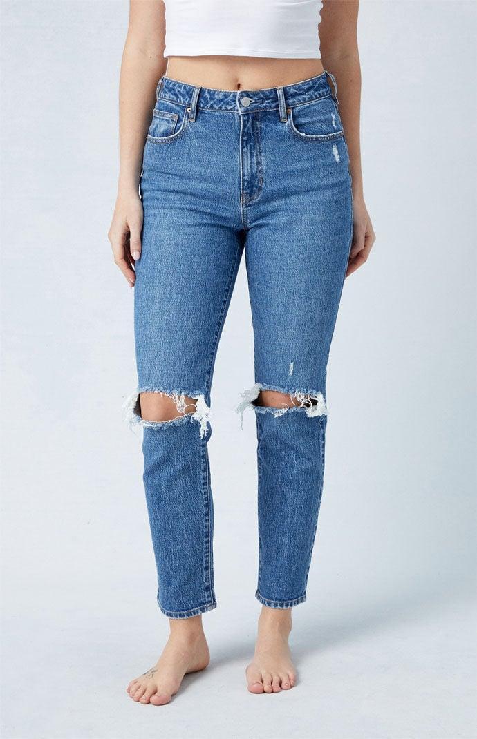 Women's Eco Stretch Dark Indigo Ripped Mom Jeans Product Image