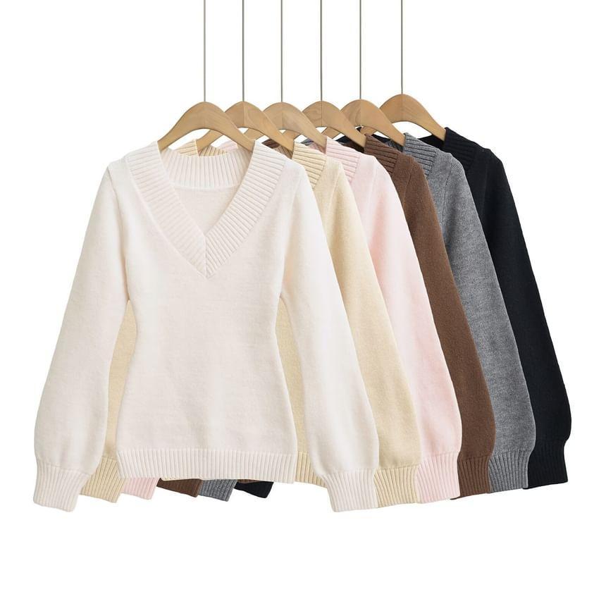 Long-Sleeve V-Neck Plain Sweater Product Image