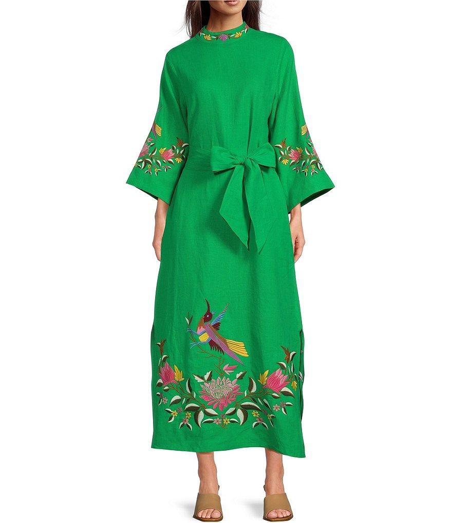 Fanm Mon Asia 3/4 Sleeves Mock Neck Floral Embroidery Linen Belted Side Slit Caftan Maxi Dress Product Image