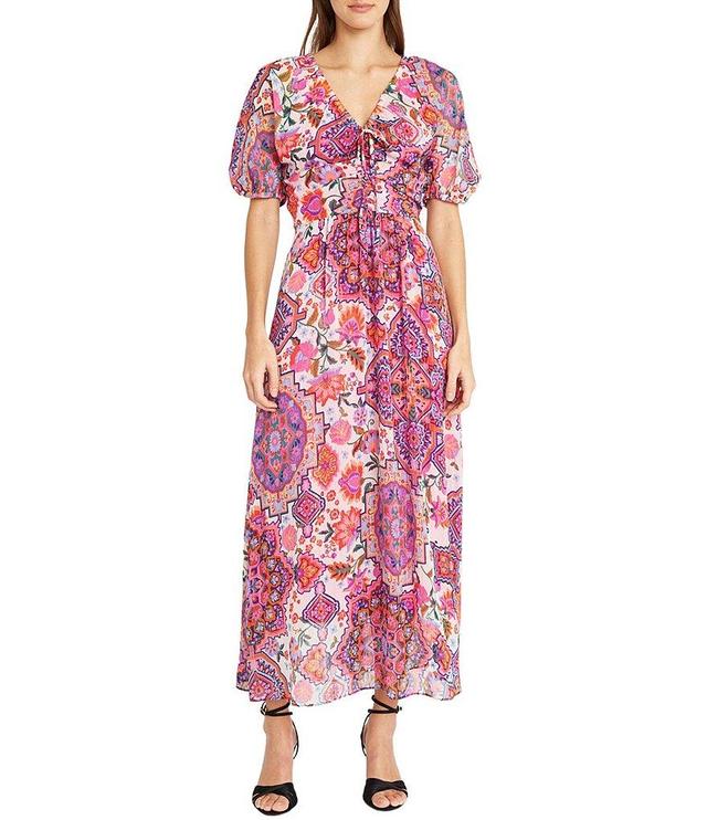 Donna Morgan Printed V Neckline Short Puff Sleeve A Line Midi Dress with Front Tie Product Image