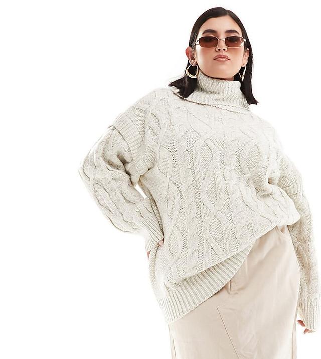 River Island Plus roll neck cable knit sweater in cream Product Image