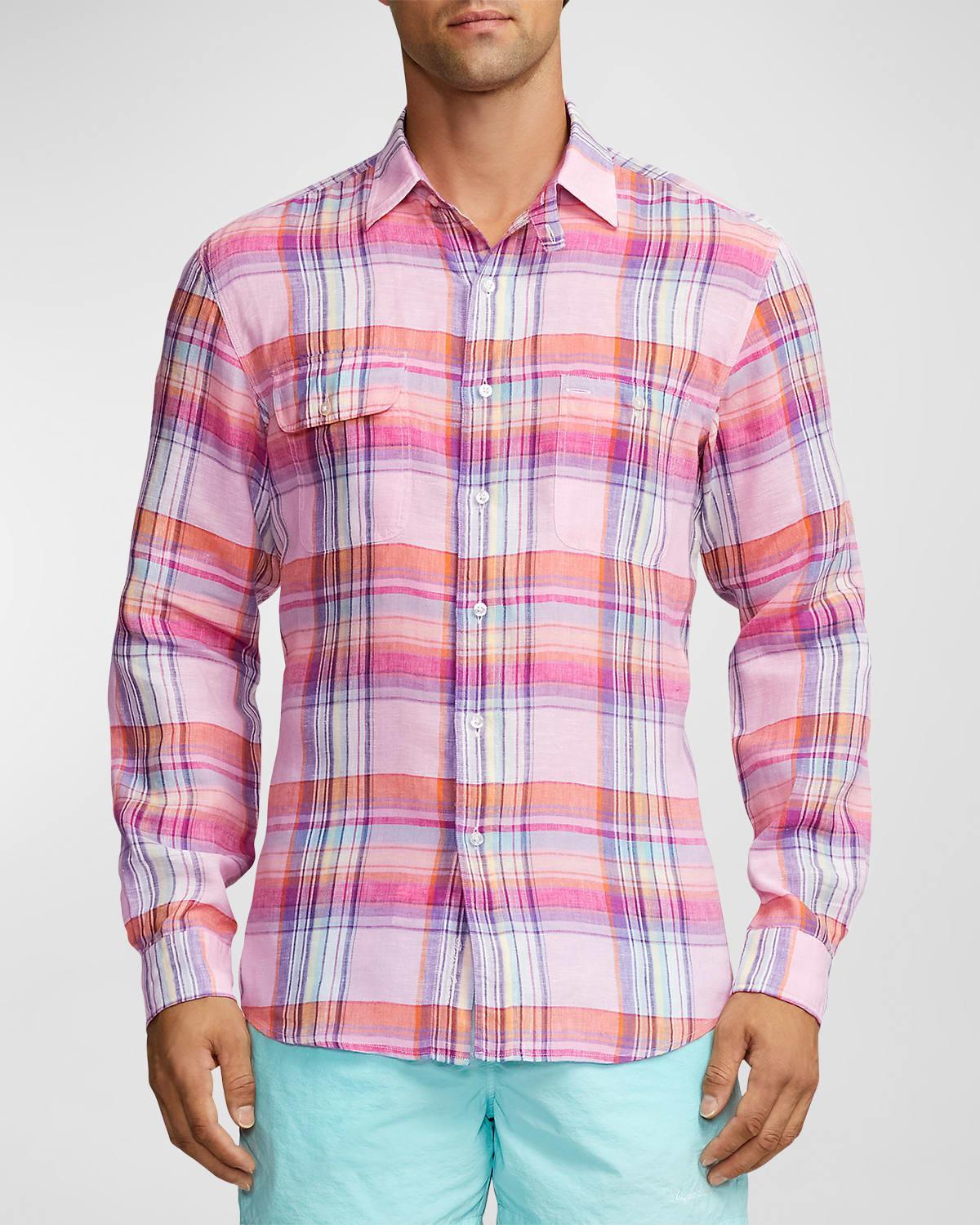 Mens Cassis Plaid Linen Button-Down Shirt Product Image