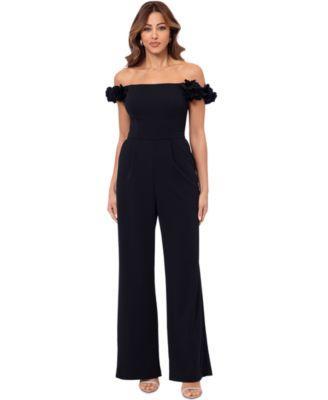 Xscape Womens Off-The-Shoulder Ruffle Straight-Leg Jumpsuit Product Image