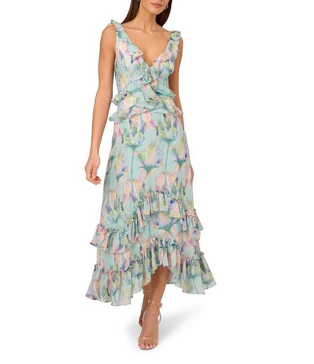 Adrianna by Adrianna Papell Floral Print Chiffon V-Neck Sleeveless Ruffle Trim Midi Dress Product Image