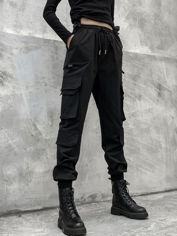 Stylish Drawstring Punk Empire Black Casual Overalls Pants Product Image