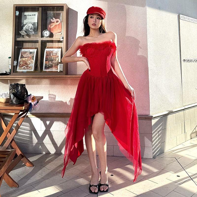 Sleeveless Furry-Trim Plain Slim-Fit Asymmetric-Hem Mini A-Line Dress Product Image