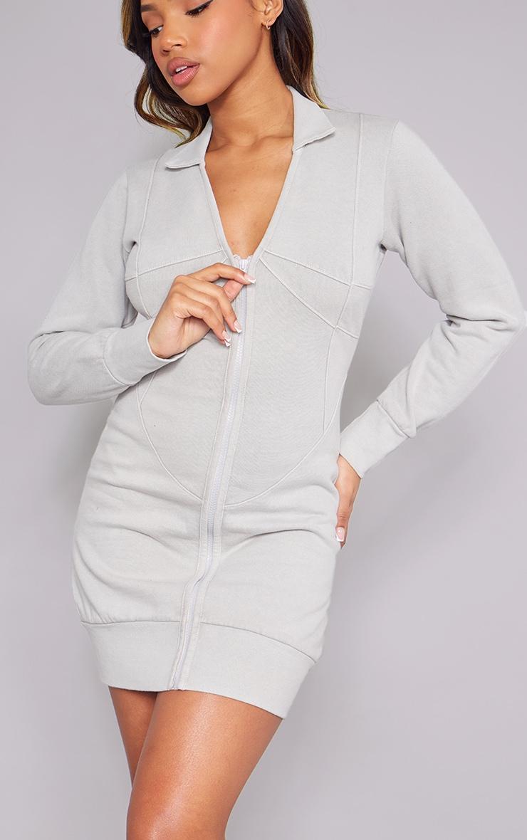 Oatmeal Exposed Seam Zip Up Sweat Bodycon Dress Product Image