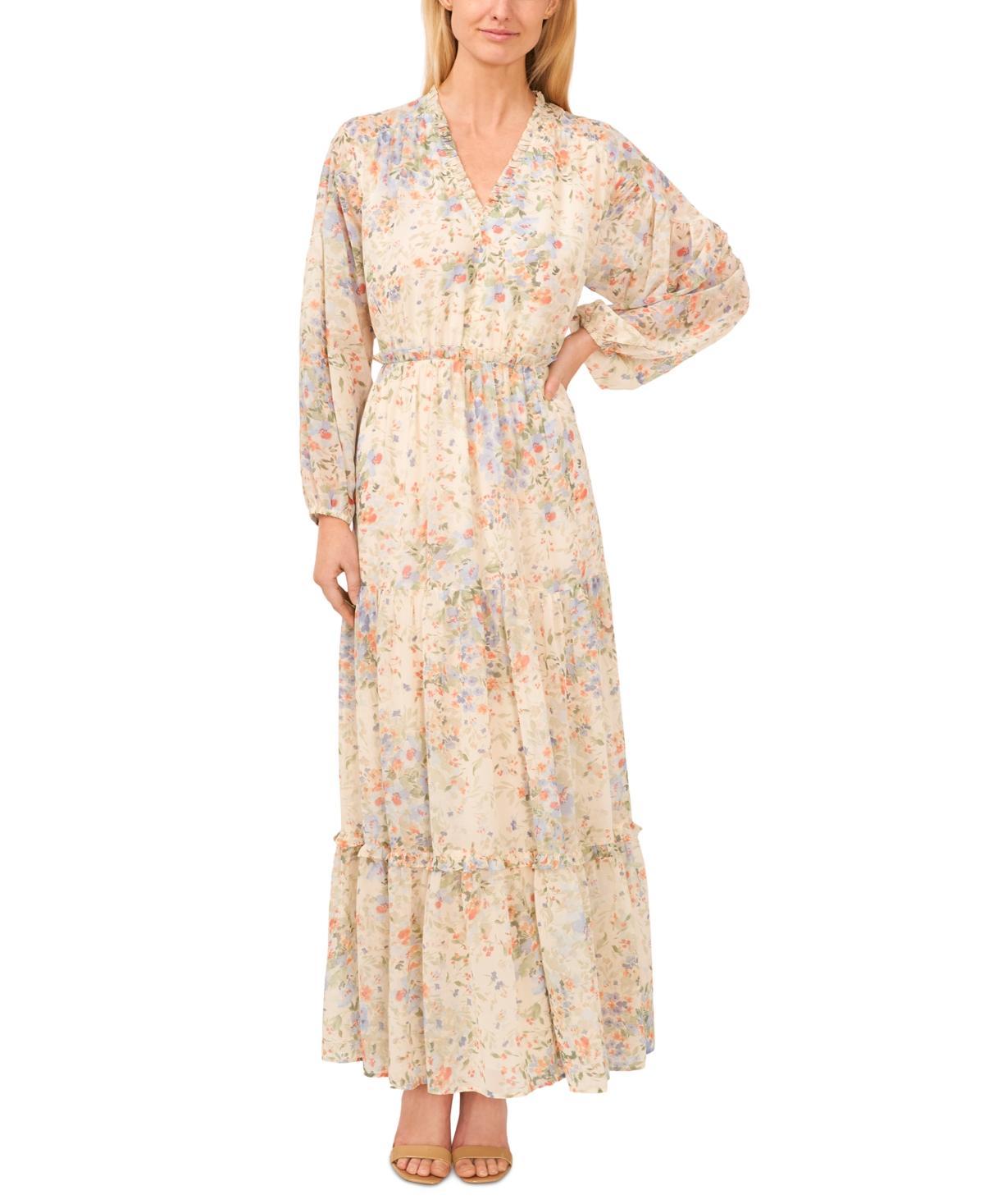 Women's Printed Ruffle Trim Balloon-Sleeve Maxi Dress Product Image