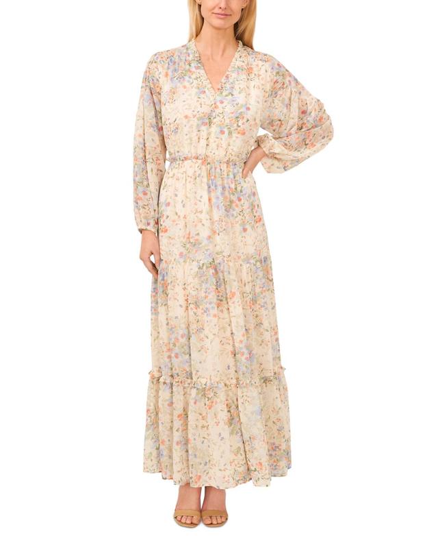 Women's Printed Ruffle Trim Balloon-Sleeve Maxi Dress Product Image