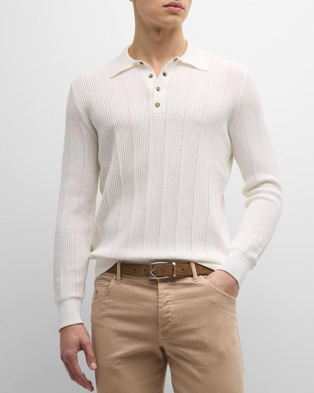 Mens Cotton Textured Rib Knit Polo With Long Sleeves Product Image